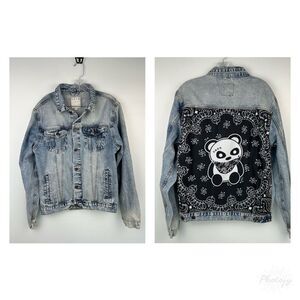 VSTR Thug Panda Denim Jacket Tilly’s Vintage Wash 100% Cotton Fabric Inset Men L